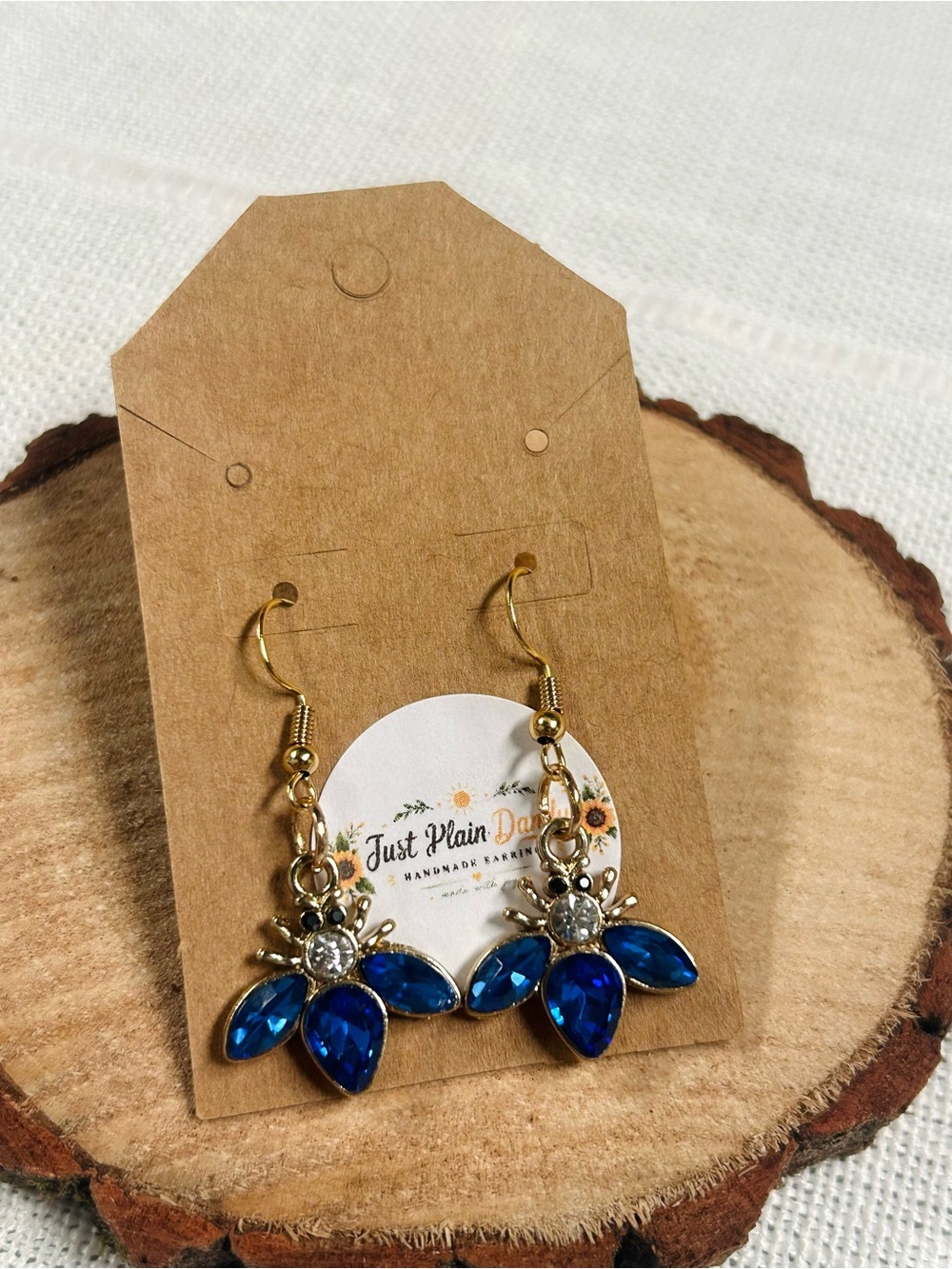 Blue Crystal Bee Dangle Earrings Gold Rhinestone Bee Jewelry Sparkly Gift
